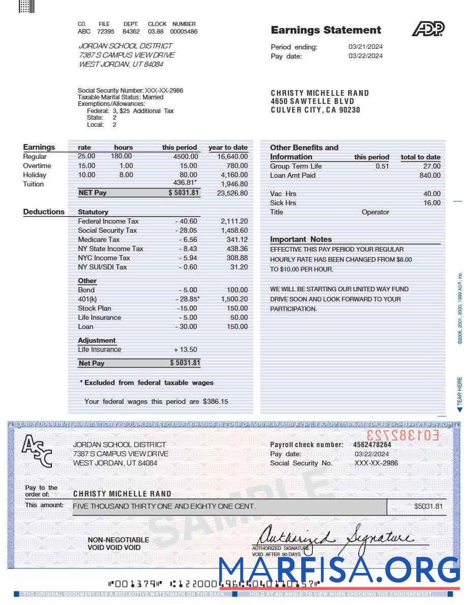 Downloadable ADP earnings statement (2) real example